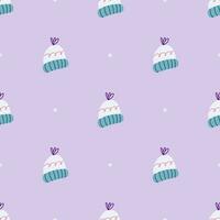 Simple seamless pattern with knitted hat and snowflakes. Christmas and New Year concept. Hand drawn lilac vector texture for wallpaper, prints, wrapping, textile