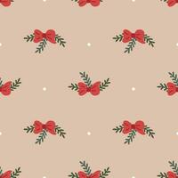 Simple seamless pattern with red bow and leaves. Christmas and New Year concept. Hand drawn retro vintage vector texture for wallpaper, prints, wrapping, textile