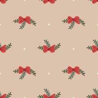 Simple seamless pattern with red bow and leaves. Christmas and New Year concept. Hand drawn retro vintage vector texture for wallpaper, prints, wrapping, textile