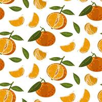 Seamless tangerine pattern with leaves. Vector fruit ornament. The texture of citrus fruits, leaves, slices, peel. Tangerine in different turns, horizontal. Vector design of mandarin for printing