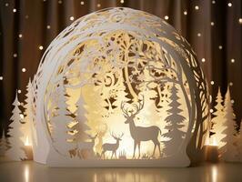 AI generated Christmas lantern, paper decoration, handmade, winter forest, deer, fairy tale. A photorealistic image. AI generated illustration. photo