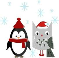 An owl and penguin in Christmas party vector or color illustration