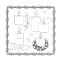 Set of Christmas candles,  berries and mistletoe leaves, frame. vector