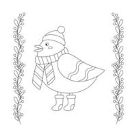 Set of Christmas bird in a red hap, scarf, and boots, frame with branch. vector