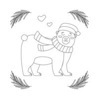 Set of Christmas bear with a red hat and scarf, frame with tree branch. vector