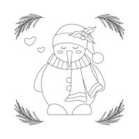 Set of Christmas snowman in a scarf and hat with a sprig of mistletoe, frame with tree branch. vector