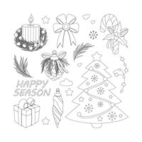 Set of Christmas toy, candles, tree, gift, text, garland, lollipop, bow. vector