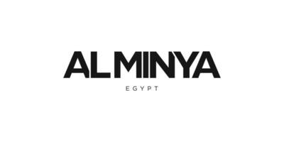 Al Minya in the Egypt emblem. The design features a geometric style, vector illustration with bold typography in a modern font. The graphic slogan lettering.