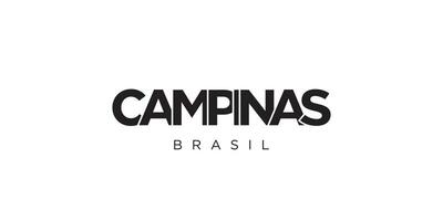 Campinas in the Brasil emblem. The design features a geometric style, vector illustration with bold typography in a modern font. The graphic slogan lettering.