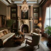 ai generado un elegante Era Victoriana salón con felpa muebles, intrincado foto