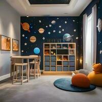 AI generated A whimsical childrens playroom with a space-themed play photo