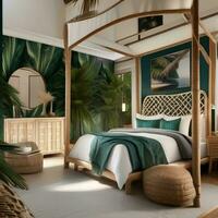 AI generated A tropical beach resort-inspired bedroom with palm leaf photo