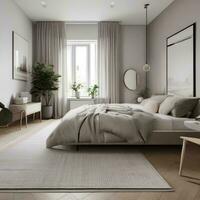 AI generated A minimalist scandinavian bedroom with clean lines, neutral photo