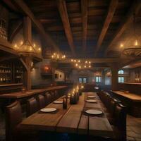 AI generated A medieval-themed tavern with wooden beams, tapestries, and photo