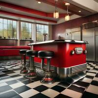 AI generated A retro diner-style kitchen with chrome appliances, checkered photo