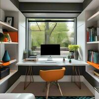 AI generated A contemporary home office with clean lines, ergonomic photo