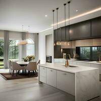 AI generated A contemporary kitchen with sleek white cabinets, marble photo