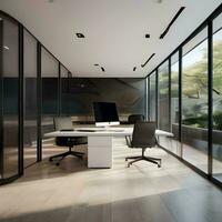 AI generated A sleek modern office with glass walls, minimalist photo