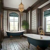 ai generado un lujoso de inspiración victoriana baño con garra tina y foto