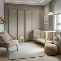 AI generated A minimalist scandinavian nursery with neutral tones and photo