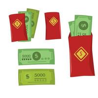 Lucky money vector set. Lucky money in red envelope in new year days.  Chinese new year concept. Flat vector in cartoon style isolated on white background.