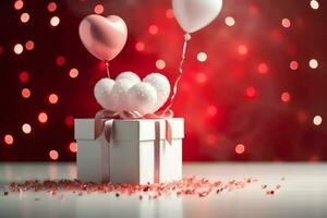 Happy valentine's day concept with red gift box and heart  shaped balloons romantic banner love concept by AI Generated photo