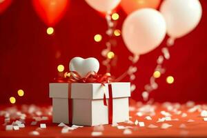 contento San Valentín día concepto con rojo regalo caja y corazón conformado globos romántico bandera amor concepto por ai generado foto