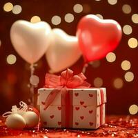 Happy valentine's day concept with red gift box and heart  shaped balloons romantic banner love concept by AI Generated photo