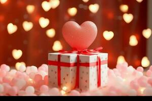 contento San Valentín día concepto con rojo regalo caja y corazón conformado globos romántico bandera amor concepto por ai generado foto