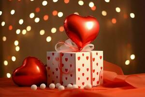 Happy valentine's day concept with red gift box and heart  shaped balloons romantic banner love concept by AI Generated photo