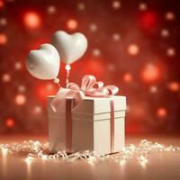 Happy valentine's day concept with red gift box and heart  shaped balloons romantic banner love concept by AI Generated photo