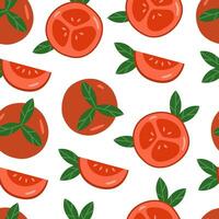 Tomato seamless pattern. Flat whole and slice of tomatoes on white background. Natural red tomato vector design for fabric, paper, wallpaper, cover, interior decor. Vegetables vector illustration