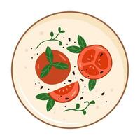 Vector cartoon flat whole and slices of tomato slices on plate isolated on empty background. Balanced diet, healthy eating and food cooking concept, web site banner ad design. Vector background