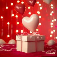 contento San Valentín día concepto con rojo regalo caja y corazón conformado globos romántico bandera amor concepto por ai generado foto