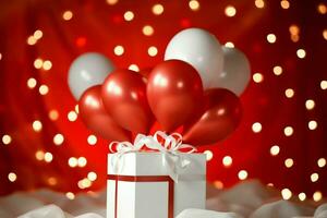 Happy valentine's day concept with red gift box and heart  shaped balloons romantic banner love concept by AI Generated photo