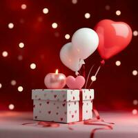 contento San Valentín día concepto con rojo regalo caja y corazón conformado globos romántico bandera amor concepto por ai generado foto