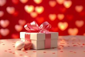 Happy valentine's day concept with red gift box and heart  shaped balloons romantic banner love concept by AI Generated photo