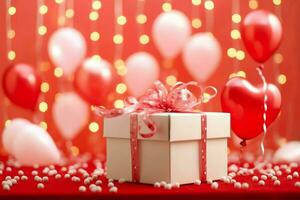 contento San Valentín día concepto con rojo regalo caja y corazón conformado globos romántico bandera amor concepto por ai generado foto