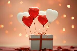 contento San Valentín día concepto con rojo regalo caja y corazón conformado globos romántico bandera amor concepto por ai generado foto