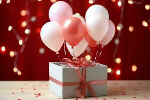 Happy valentine's day concept with red gift box and heart  shaped balloons romantic banner love concept by AI Generated photo