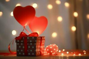 contento San Valentín día concepto con rojo regalo caja y corazón conformado globos romántico bandera amor concepto por ai generado foto