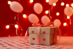 Happy valentine's day concept with red gift box and heart  shaped balloons romantic banner love concept by AI Generated photo