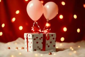 Happy valentine's day concept with red gift box and heart  shaped balloons romantic banner love concept by AI Generated photo