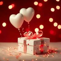 Happy valentine's day concept with red gift box and heart  shaped balloons romantic banner love concept by AI Generated photo