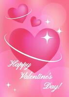 Valentine Day poster with gradient hears, frame and blinks and text greeting. Vertical banner, postcard in y2k aesthetic design, Lovers Day card. Vector illustration.