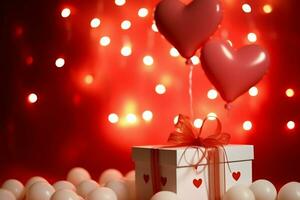 contento San Valentín día concepto con rojo regalo caja y corazón conformado globos romántico bandera amor concepto por ai generado foto