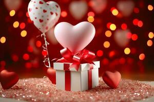 Happy valentine's day concept with red gift box and heart  shaped balloons romantic banner love concept by AI Generated photo