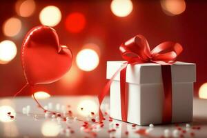 Happy valentine's day concept with red gift box and heart  shaped balloons romantic banner love concept by AI Generated photo