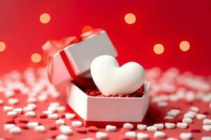 Happy valentine's day concept with red gift box and heart  shaped balloons romantic banner love concept by AI Generated photo