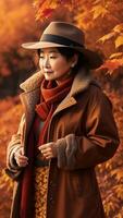 ai generado un sensacionalmente realista imagen exhibiendo un de moda mujer vestido en el último otoño atuendo. foto